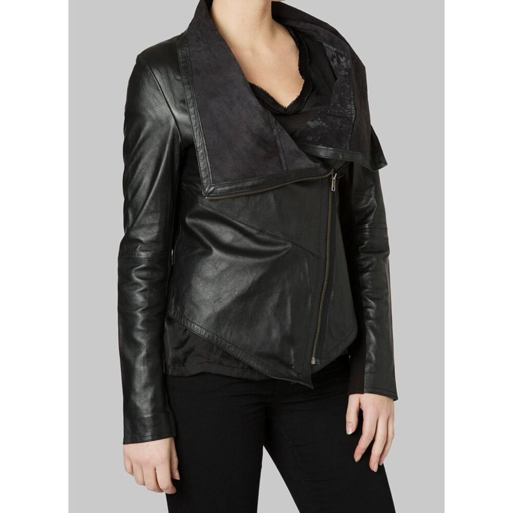 Muubaa lamb leather navy draped zipper jacket 6